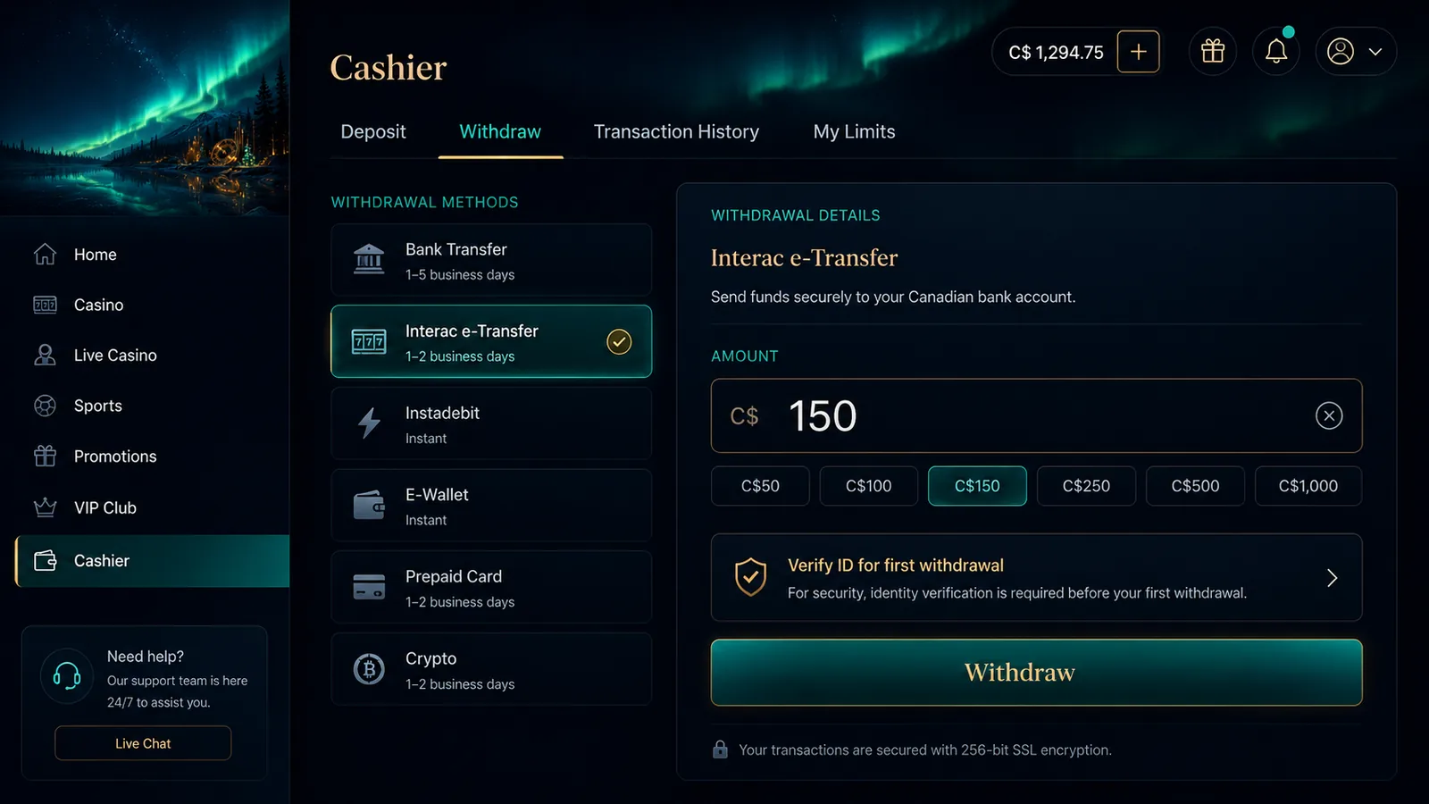 NorthStar Bets cashier screen showing an Interac e-Transfer withdrawal of C$150 with an ID-verification note