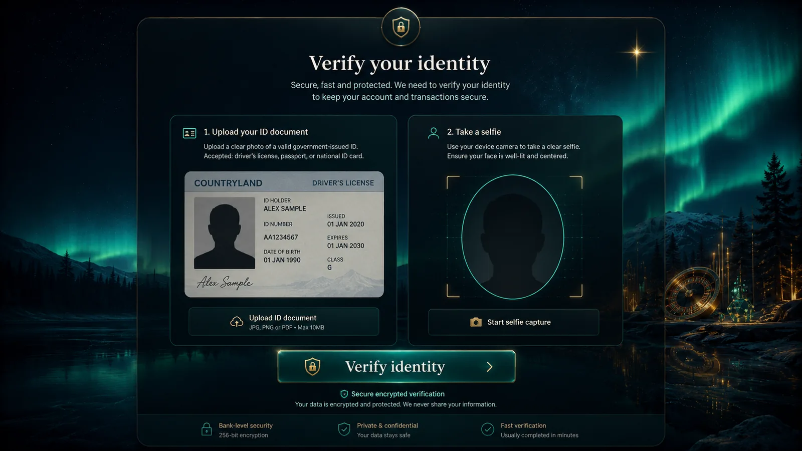 ID verification screen showing a placeholder identity card upload and a selfie-capture frame for KYC at a Canadian casino