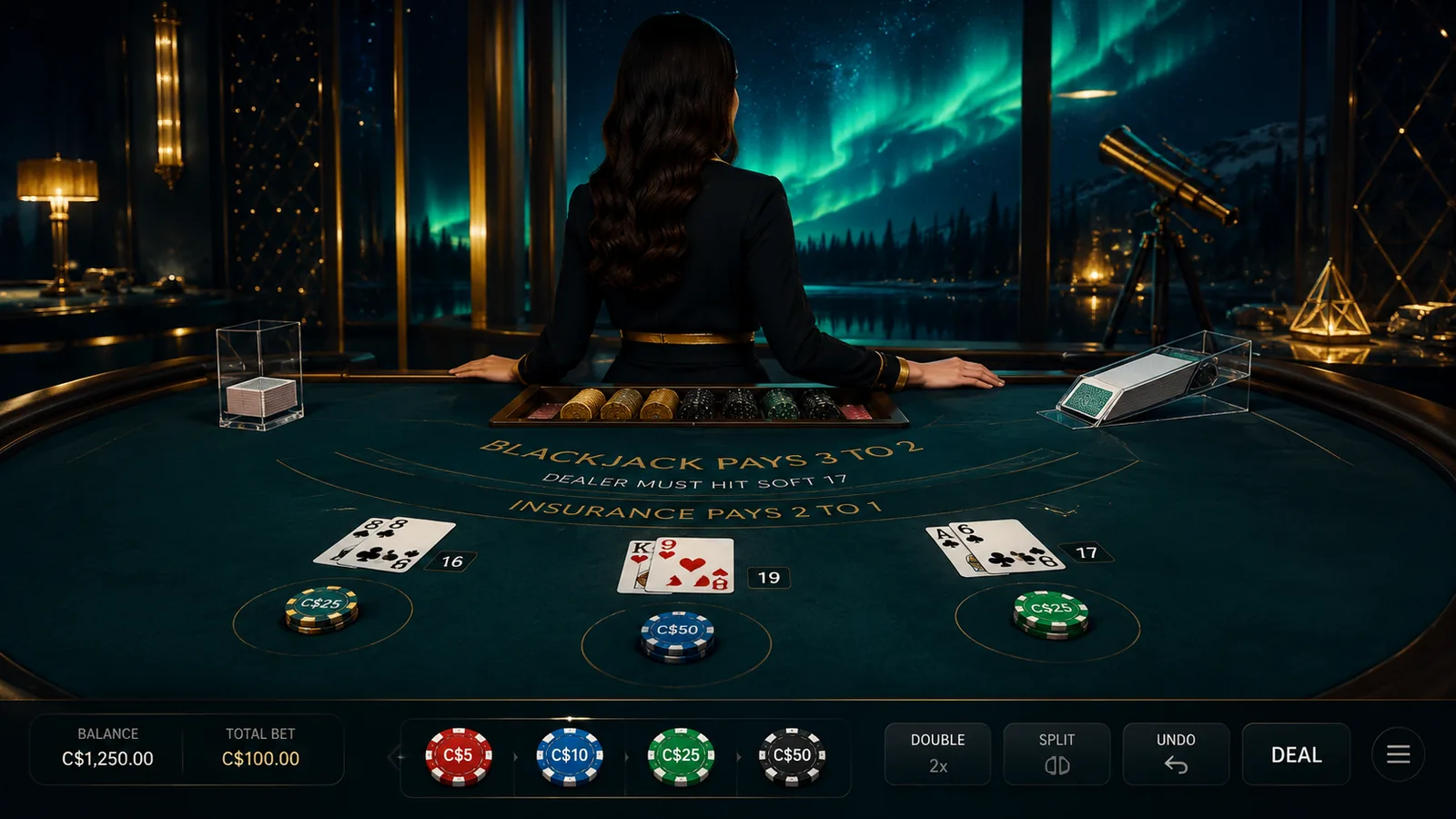 Live-dealer blackjack table at NorthStar Bets with a real dealer, cards and a C$ chip betting overlay