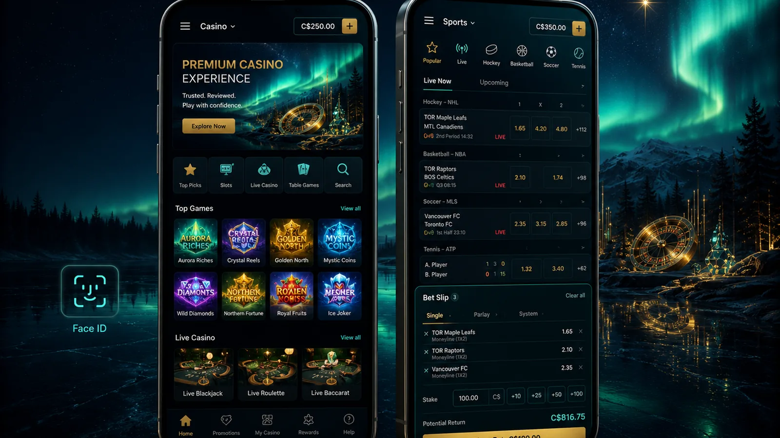NorthStar Bets sportsbook bet-slip and casino lobby shown side by side on two phones