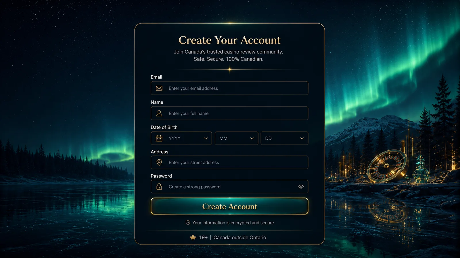 NorthStar Bets registration form on a dark interface with email, name, date-of-birth, address and password fields and no promo-code box